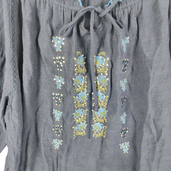 Cocomo Woman Navy Blue Embroidered Peasant Blouse 2X 3/4 Sleeves Gauze - Picture 2 of 5